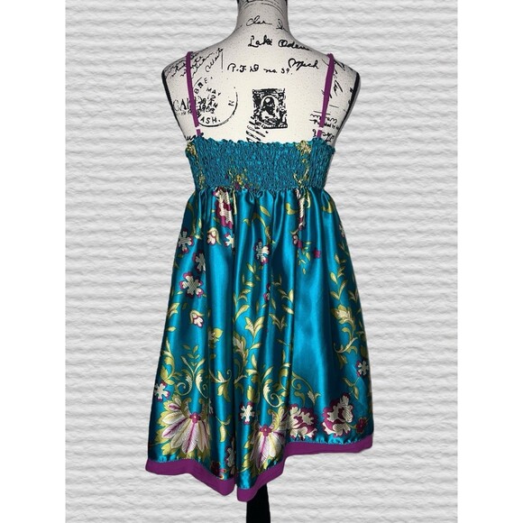 Vtg Y2K Wet Sea Satin Babydoll Mini Slip Dress MED Teal Purple Floral Smocked - Picture 4 of 11